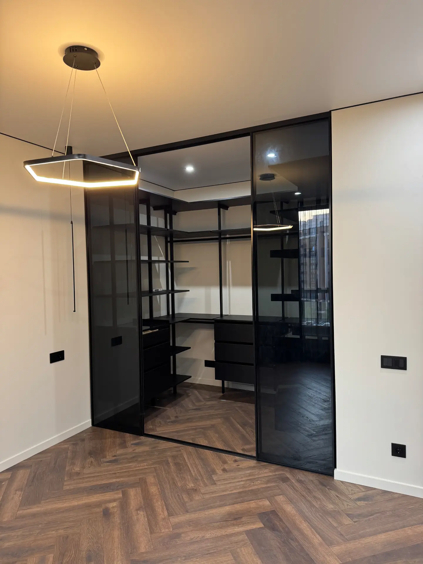 Перегородка в гірдеробній зі склом Dark gray — відчинено